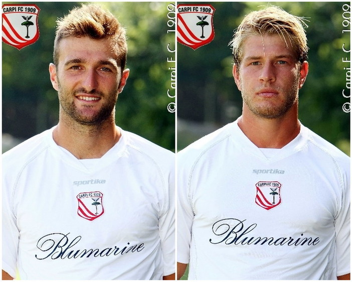 Nella foto i difensori es Sanremese Fabrizio Poli e Riccardo Gagliolo con la maglia del Carpi