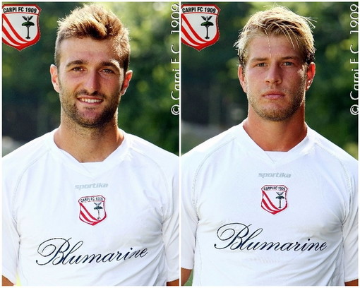 Nella foto i difensori es Sanremese Fabrizio Poli e Riccardo Gagliolo con la maglia del Carpi
