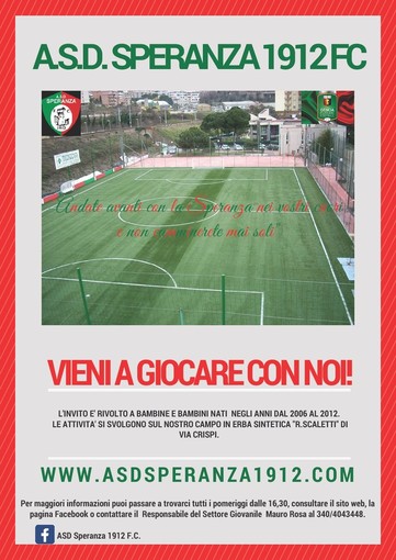 Calcio. L'A.S.D. Speranza apre le porte ai giovani nati dal 2006 al 2012