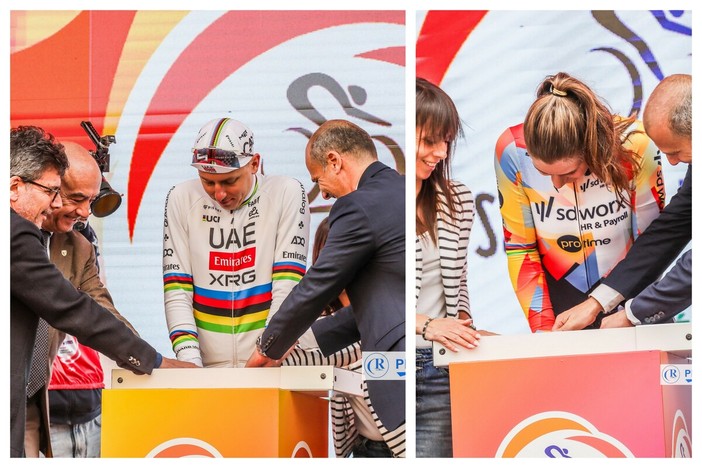 Lotte Kopecky e Tadej Pogačar inaugurano la tradizione: dopo l'arrivo della Milano-Sanremo le loro impronte per la 'Walk of Fame' (Foto) Lotte Kopecky e Tadej Pogačar inaugurano la tradizione: dopo l'arrivo della Milano-Sanremo le loro impronte per la 'Walk of Fame' (Foto)