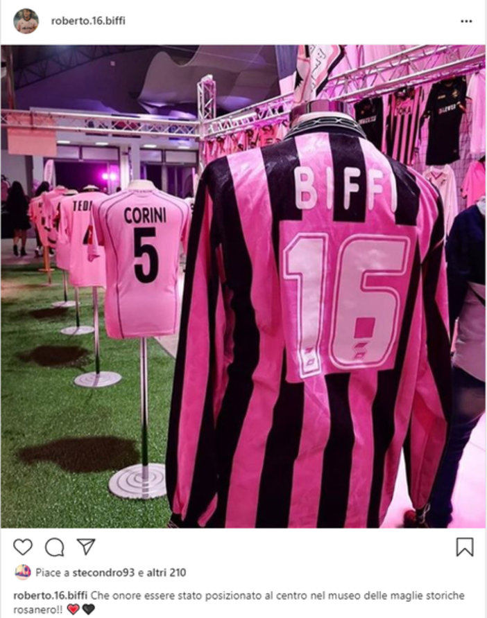 Calcio. Palermo non dimentica Roberto Biffi: la sua maglia messa in esposizione al museo delle tenute da gioco storiche rosanero