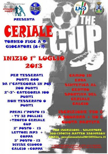Calcio Estivo: arriva la "Ceriale Cup", aperte ufficialmente le iscrizioni Calcio Estivo: arriva la "Ceriale Cup", aperte ufficialmente le iscrizioni