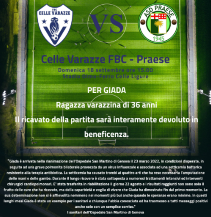Calcio. Il Celle Varazze FBC devolverà a favore di Giada Ottonello l'intero ricavato del match contro la Praese Calcio. Il Celle Varazze FBC devolverà a favore di Giada Ottonello l'intero ricavato del match contro la Praese