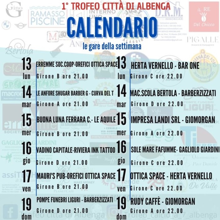 Calcio a 7. Stasera inizia il Trofeo Città di Albenga! Fischio d'inizio a San Bernardino alle 21:00 Calcio a 7. Stasera inizia il Trofeo Città di Albenga! Fischio d'inizio a San Bernardino alle 21:00