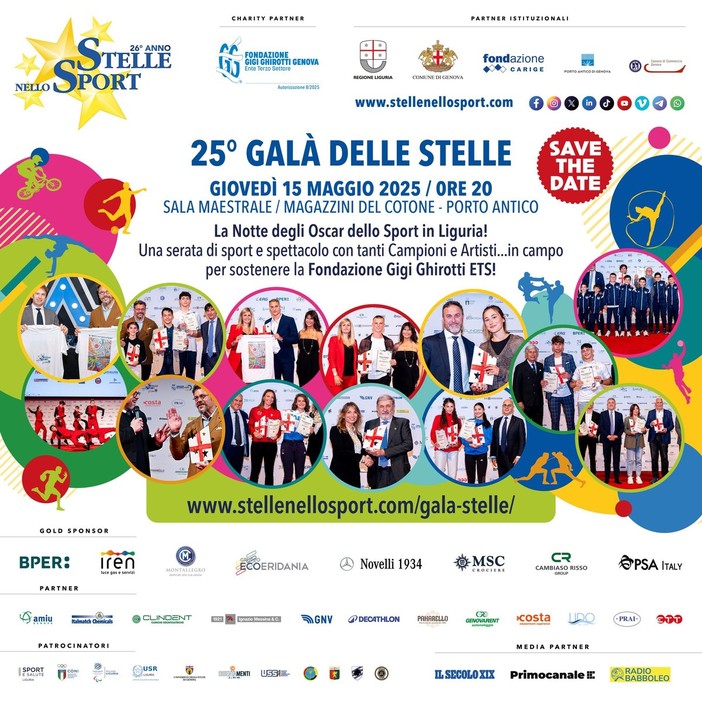 Un mese al Galà delle Stelle! Il 15 maggio al Porto Antico la Notte degli Oscar dello Sport ligure Un mese al Galà delle Stelle! Il 15 maggio al Porto Antico la Notte degli Oscar dello Sport ligure