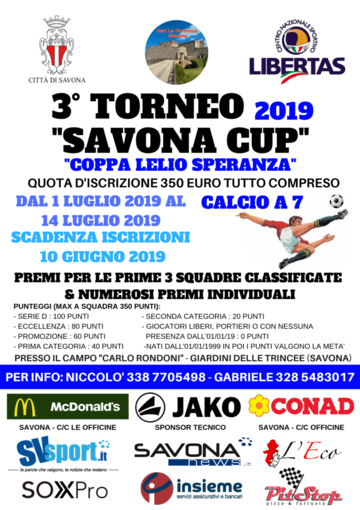 Calcio, Tornei Estivi. Iscrizioni ancora aperte per la terza edizione della Savona Cup!