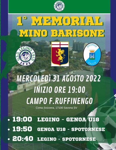 Calcio. Stasera a Legino il primo Memorial Mino Barisone, in campo anche il Genoa Under 18 e la Spotornese