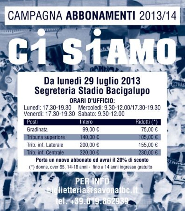 Calcio, Savona: Campagna abbonamenti e Facebook, tante novità per i supporters biancoblu Calcio, Savona: Campagna abbonamenti e Facebook, tante novità per i supporters biancoblu