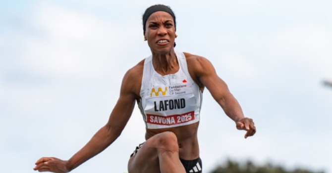 Thea LaFond in azione a Savona nel 2025 (Montesano/Meeting Città di Savona)