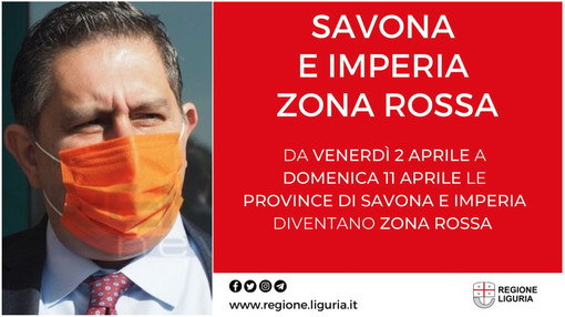 Le province di Savona e Imperia entrano in zona rossa da mezzanotte. Le restrizioni saranno estese fino all'11 di aprile Le province di Savona e Imperia entrano in zona rossa da mezzanotte. Le restrizioni saranno estese fino all'11 di aprile