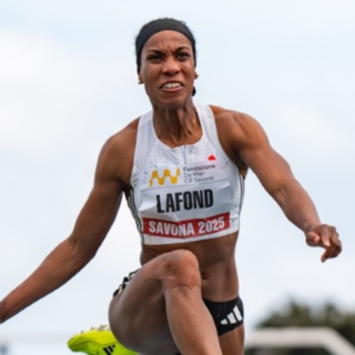 Thea LaFond in azione a Savona nel 2025 (Montesano/Meeting Città di Savona)